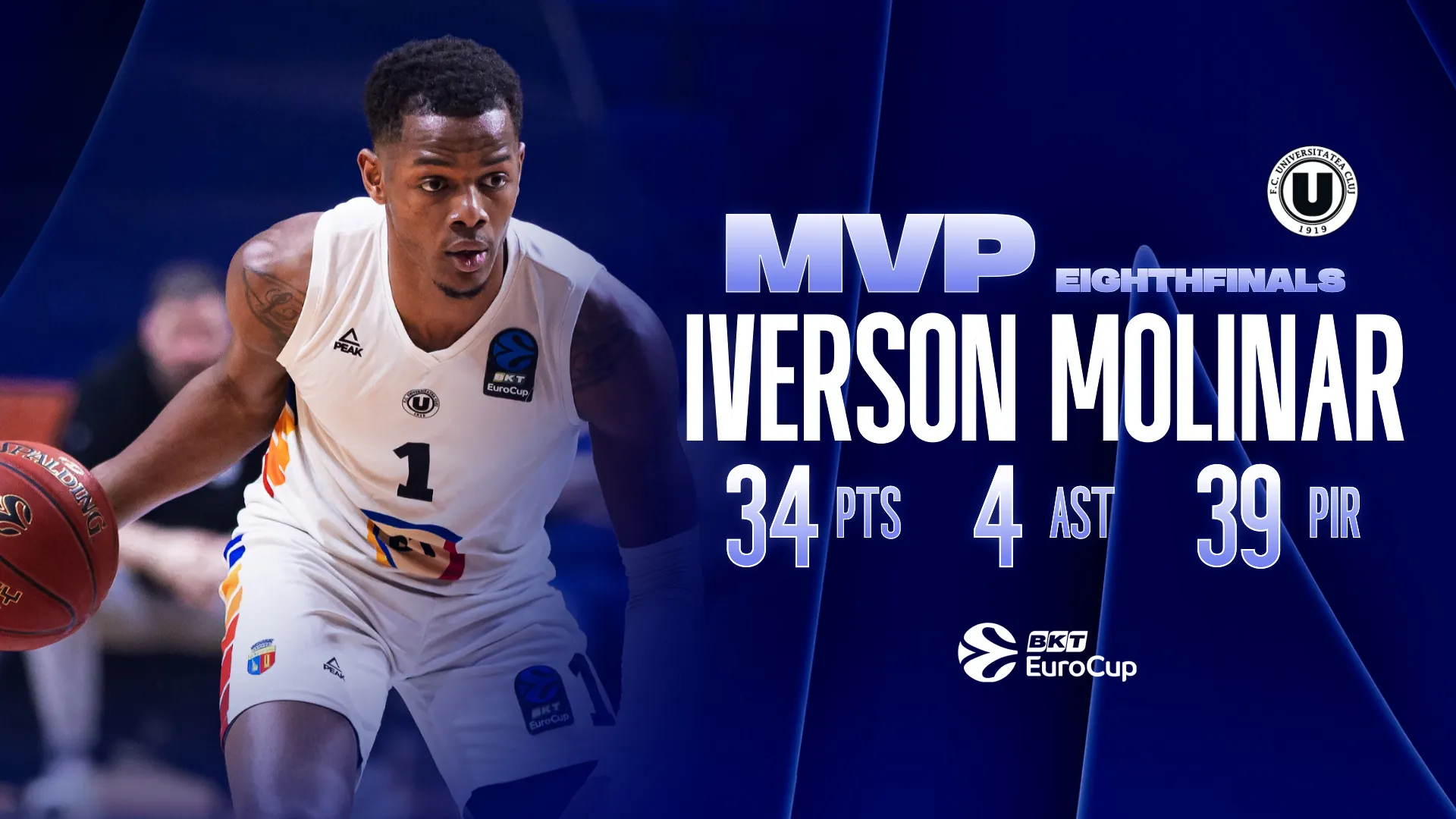 Iverson Molinar, de la U-BT Cluj-Napoca, MVP-ul optimilor de finală Eurocup