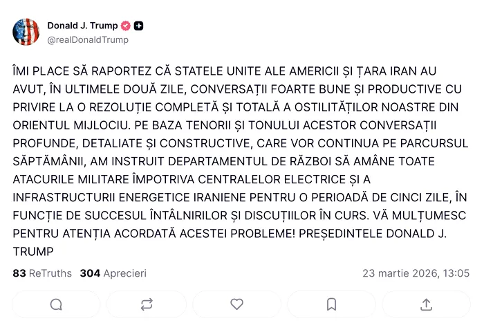 Trump anunță „negocieri productive” cu Iranul și oprește atacurile asupra infrastructurii energetice din Iran timp de 5 zile