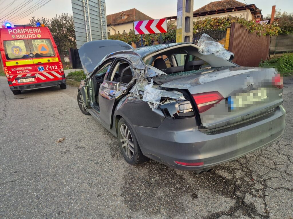 Container cÄzut de pe o platformÄ peste un autoturism, la ieÈirea de pe A1 spre VÃ¢lcea. Trei persoane, transportate la spital