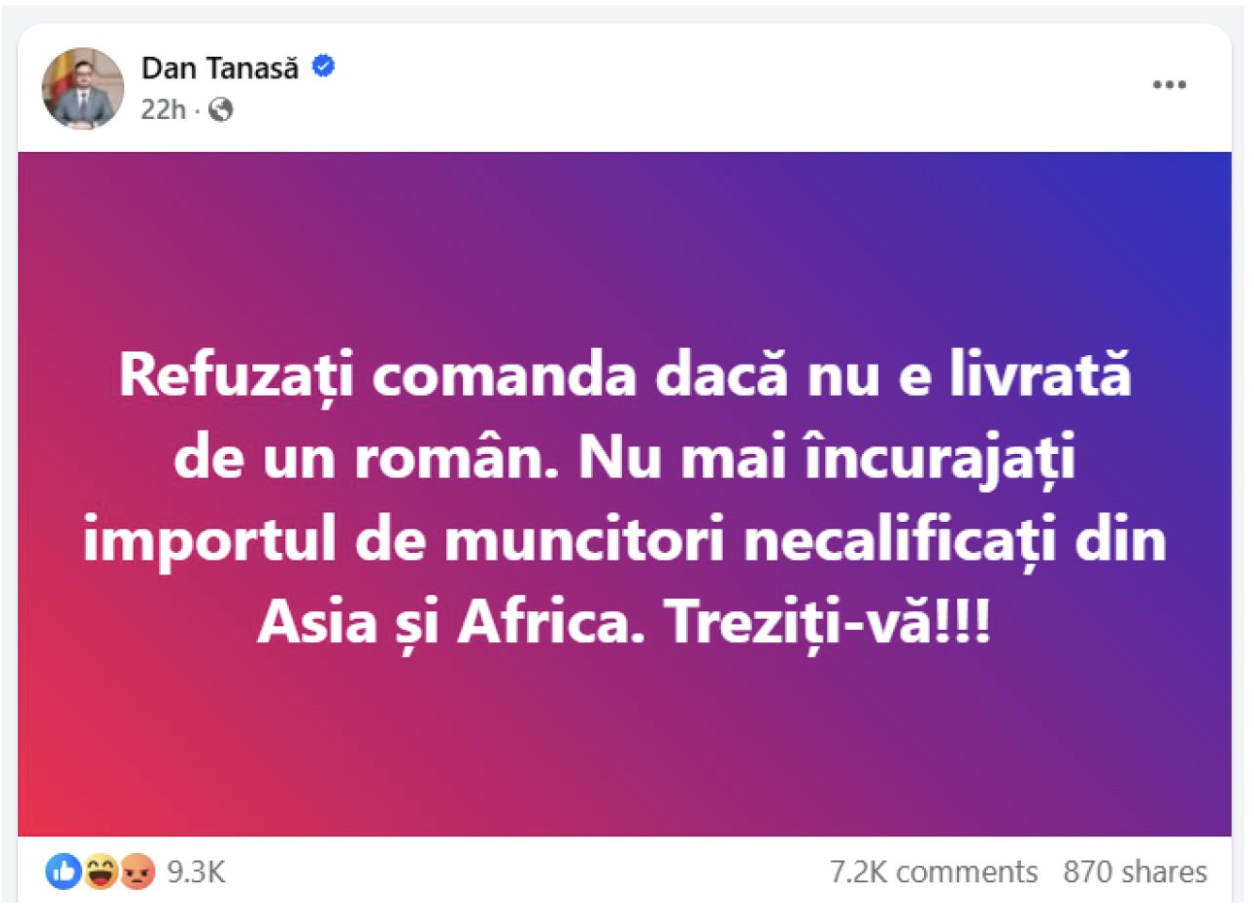 Deputatul AUR Dan TanasÄ, trimis Ã®n judecatÄ dupÄ mesajul Ã®mpotriva livratorilor din Asia Èi Africa